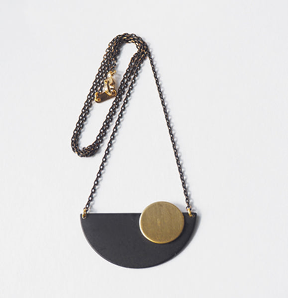 Black Crescent + Brass Disc necklace