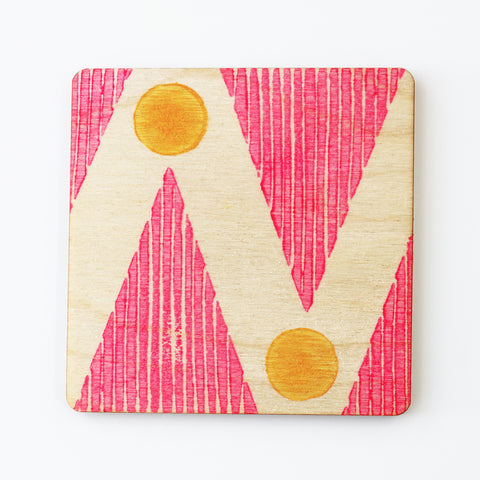 Hand printed pink and orange plywood coaster - Inspired 