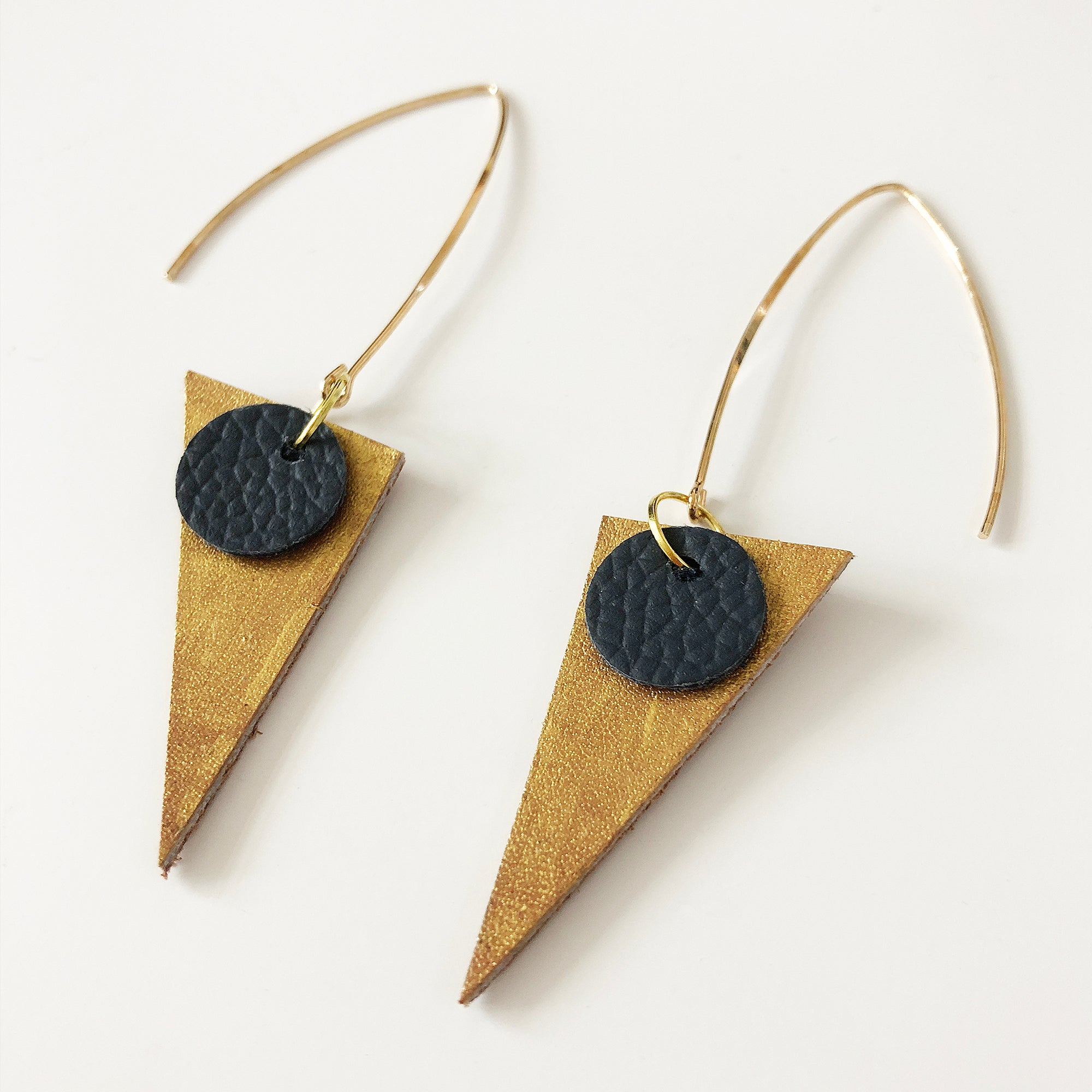 Gold triangle leather dangle earring