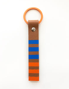Hand painted blue & orange stripes leather keyring - Inspired 