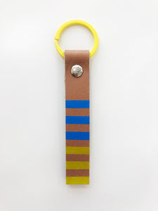 Hand painted blue & yellow stripes leather keyring - Inspired 