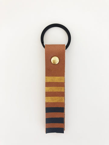 Hand painted gold and grey stripes leather keyring