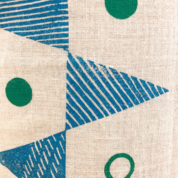 Blue & green triangle block printed Linen cushion cover - Inspired 