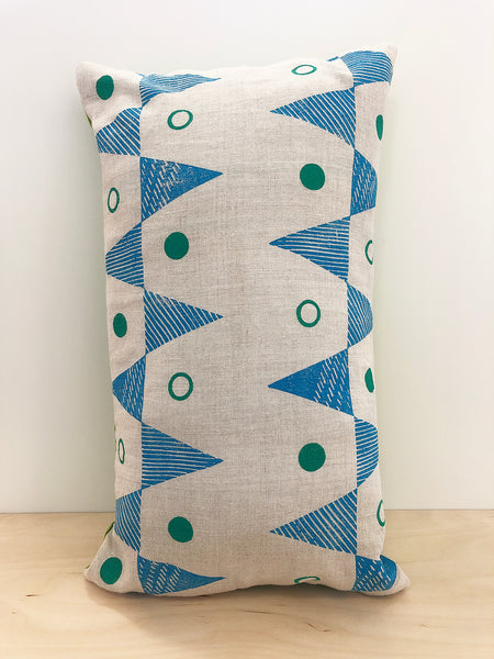 Blue & green triangle block printed Linen cushion cover - Inspired 