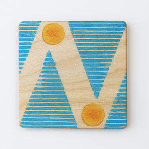 Hand printed bright blue and orange plywood coaster - Inspired 
