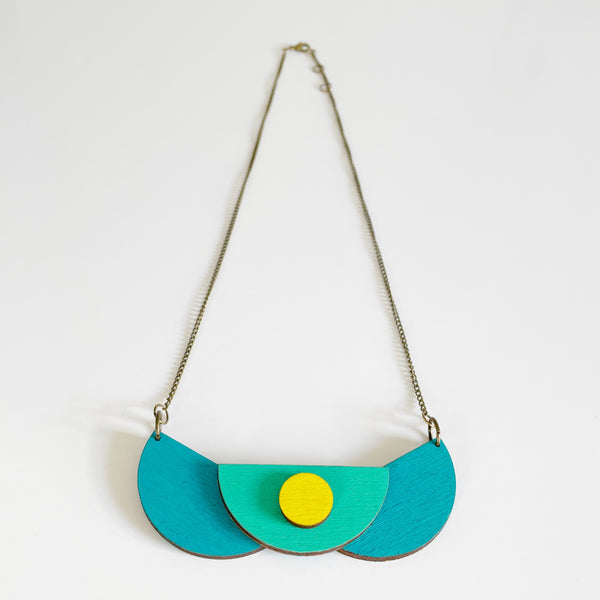 Clio Teal, mint & yellow plywood necklace