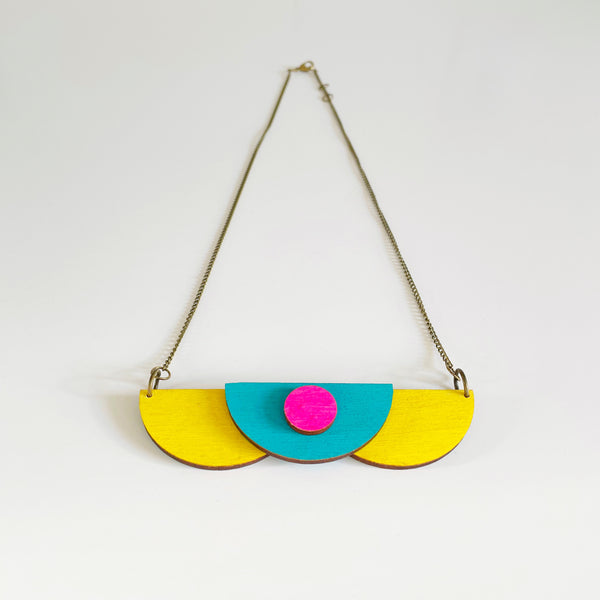 Met Teal, neon pink & yellow plywood necklace