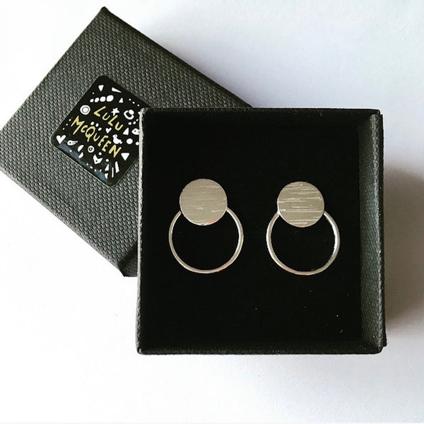 Modern geometric silver stud hoop earrings