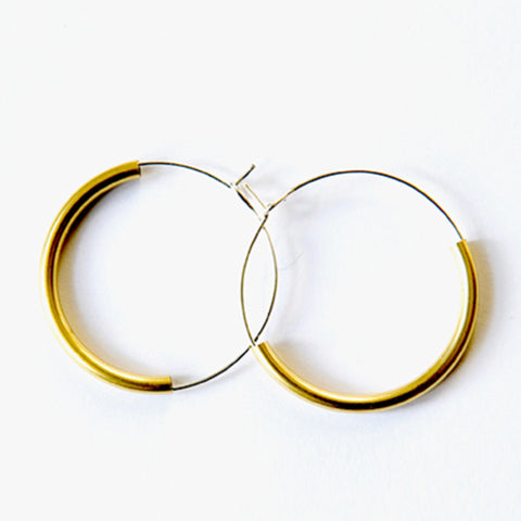 Silver hoop with brass curve earrings