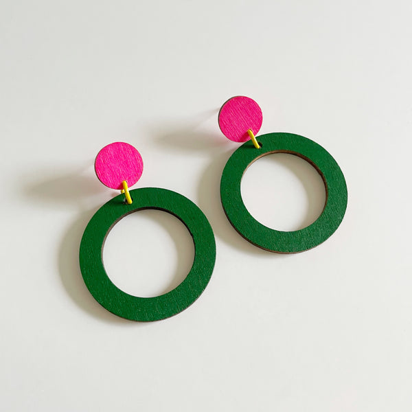 Pat neon pink, yellow and green plywood earring