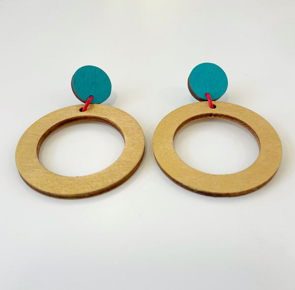Pat - teal, gold and red plywood earring