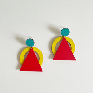 Hip yellow, red and teal plywood earring