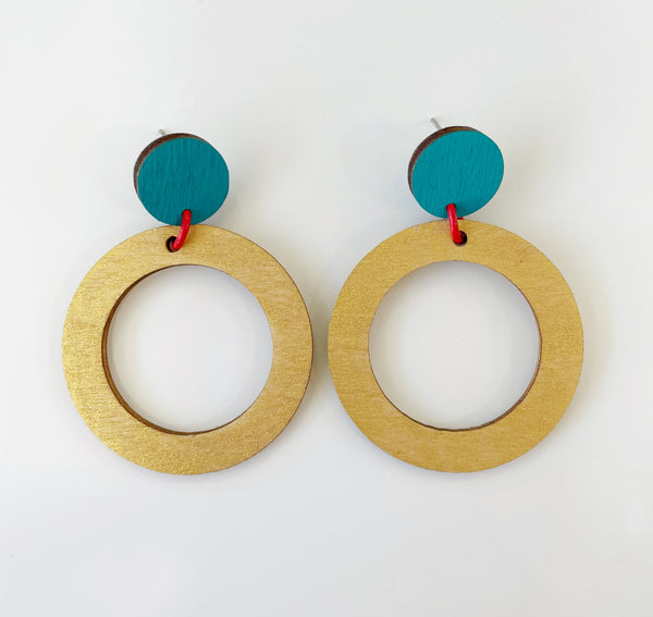 Pat - teal, gold and red plywood earring