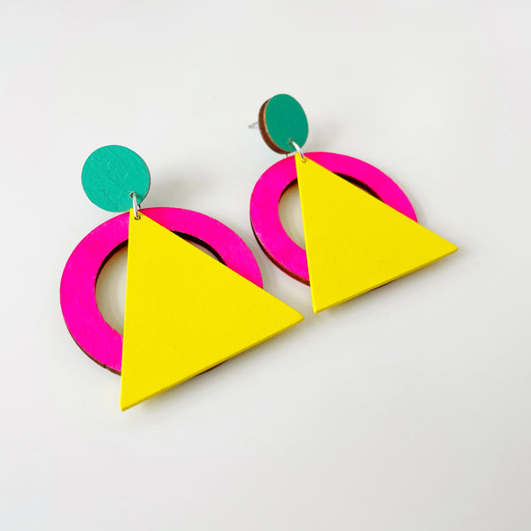 Hip neon pink, yellow and mint plywood earring