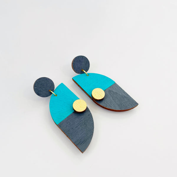 Arc teal, grey and gold plywood earring