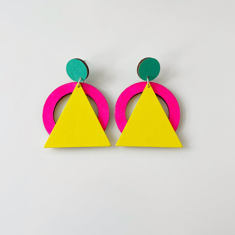 Hip neon pink, yellow and mint plywood earring