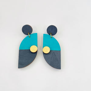 Arc teal, grey and gold plywood earring