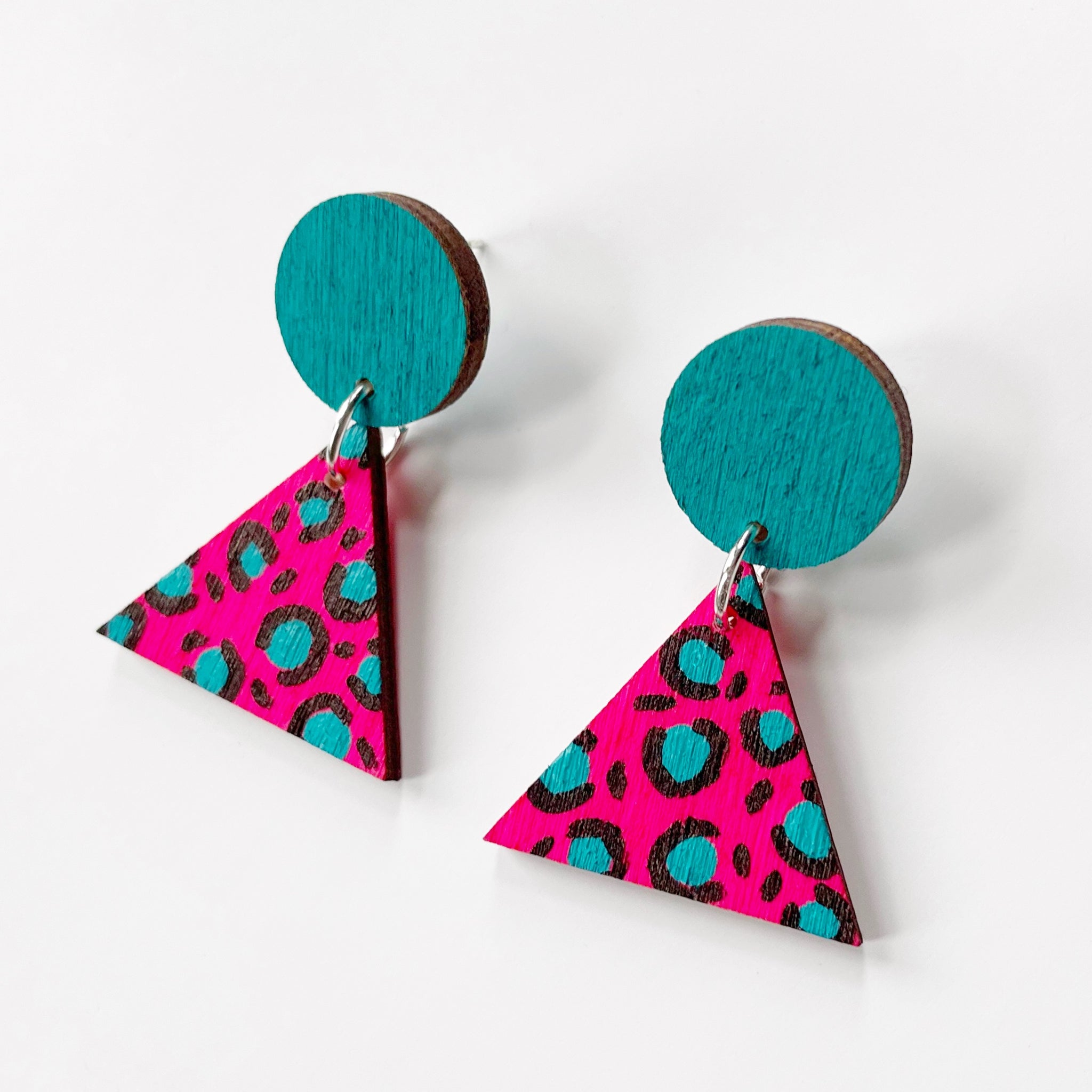 Ding neon pink & teal leopard print plywood dangle