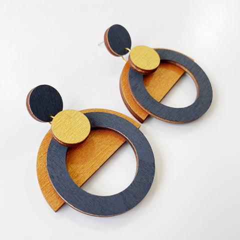 Morse charcoal, metallic gold & copper plywood earring