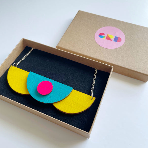 Met Teal, neon pink & yellow plywood necklace