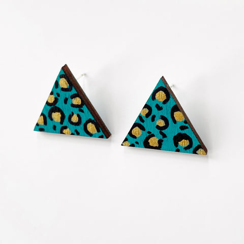 Plywood teal, gold and black leopard print triangle studs