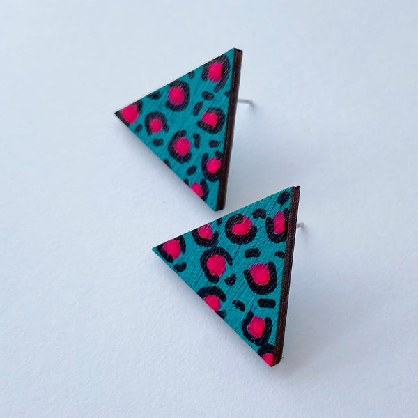 Plywood teal, pink and black leopard print triangle studs