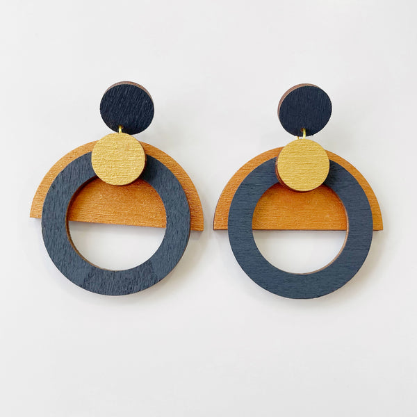 Morse charcoal, metallic gold & copper plywood earring
