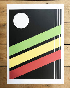Green, yellow and red stripes on black A3 poster print