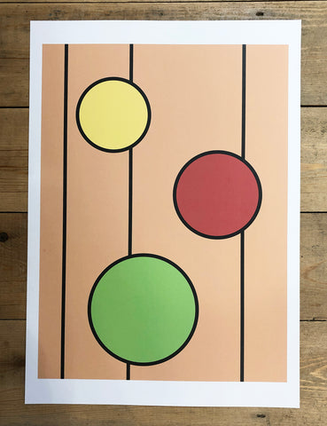 Peach with yellow, red and green circles A3 poster print