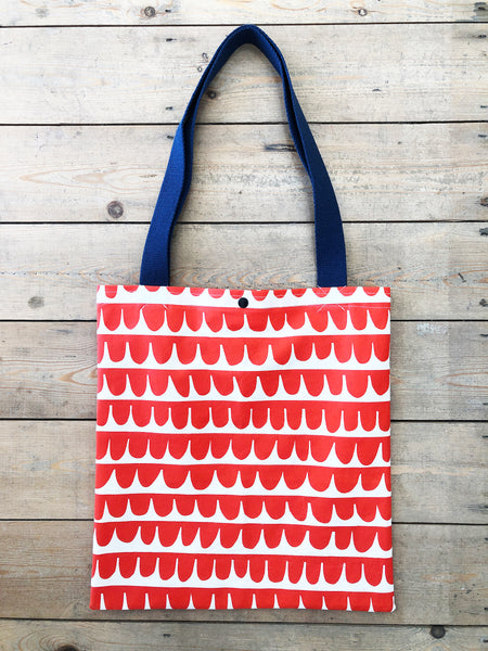 Red and white scallop design hand screen printed tote bag