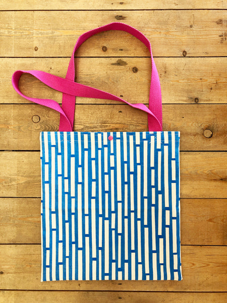Blue and white stripe hand screen printed tote bag