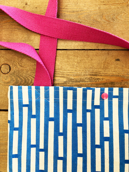 Blue and white stripe hand screen printed tote bag